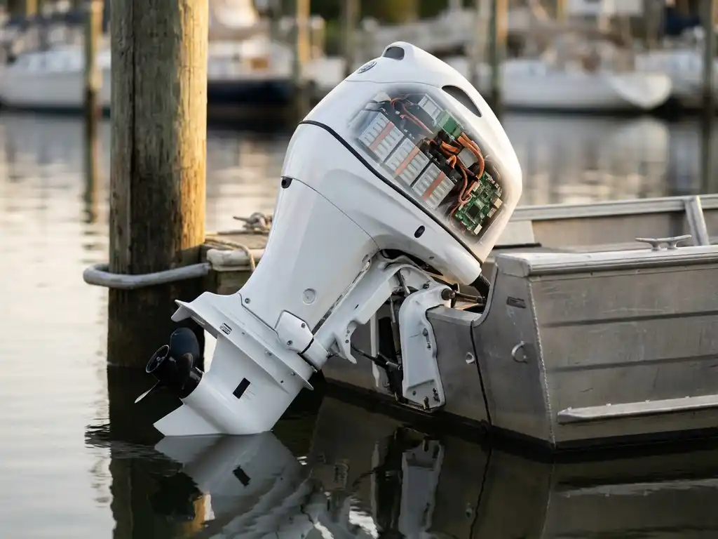 Witte elektrische buitenboordmotor op aluminium boot met doorsnede van batterijcompartiment en interne onderdelen