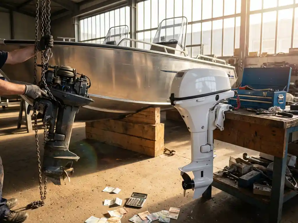 Elektrische buitenboordmotor op werkbank in scheepswerf, mechanicien vervangt benzinemotor op aluminium boot