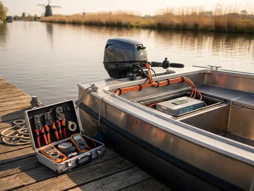 Aluminium sloep met elektrische buitenboordmotor aan houten steiger, gereedschapskist van maritiem elektricien op dok