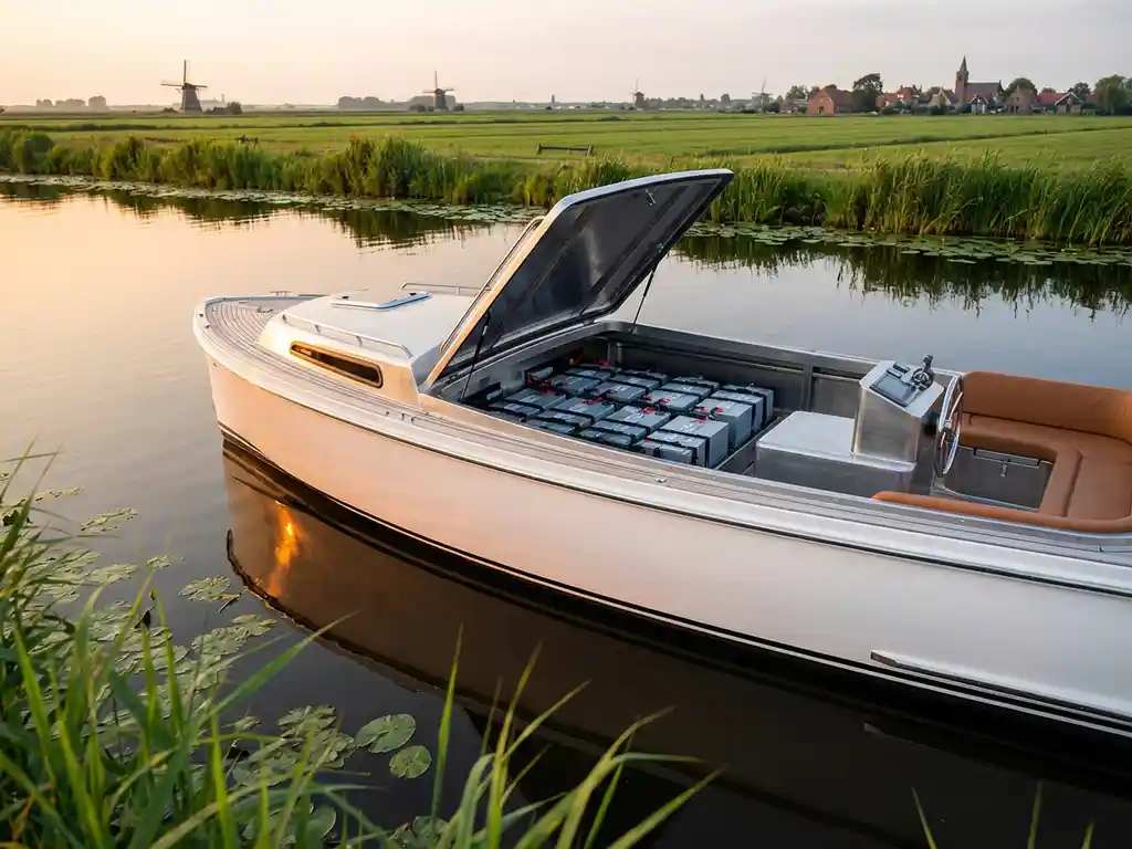 Elektrische zeilboot vaart door Nederlandse waterweg met open batterijcompartiment, omringd door riet en waterlelies