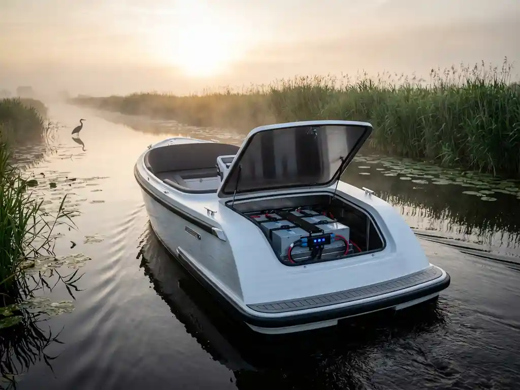 Witte elektrische sloep met zichtbare lithiumbatterij vaart door mistig water tussen riet, reiger op achtergrond
