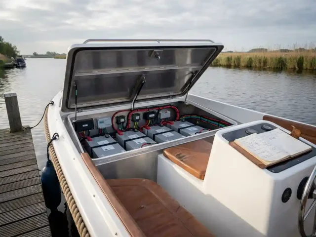 Witte elektrische sloep met open batterijcompartiment aan houten steiger op Nederlandse waterweg