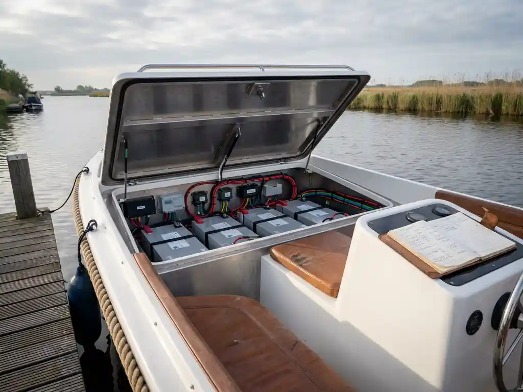 Witte elektrische sloep met open batterijcompartiment aan houten steiger op Nederlandse waterweg