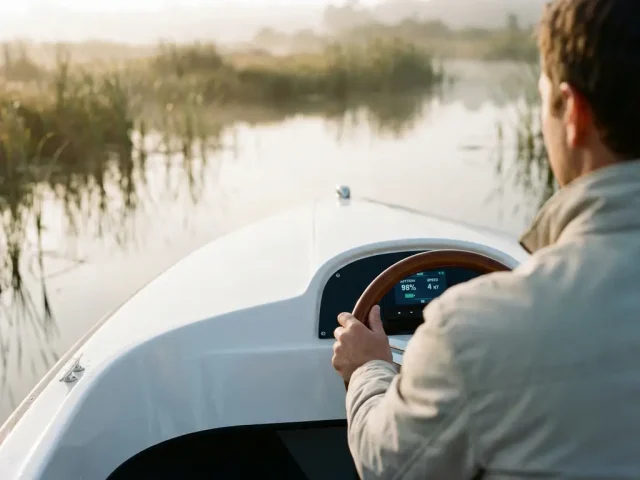 Persoon bestuurt witte elektrische sloep door rustig water met rietlanden op de achtergrond bij ochtendlicht
