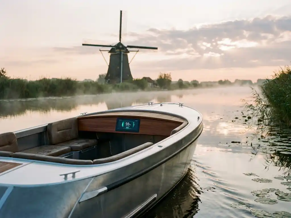 Witte elektrische sloep vaart door Nederlandse waterweg met windmolen op achtergrond tijdens gouden uur