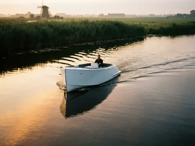 Witte elektrische sloep vaart snel over kalm water met V-vormig kielzog, omgeven door rietoevers in Nederlands polderlandschap