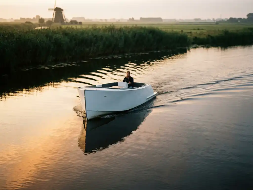 Witte elektrische sloep vaart snel over kalm water met V-vormig kielzog, omgeven door rietoevers in Nederlands polderlandschap