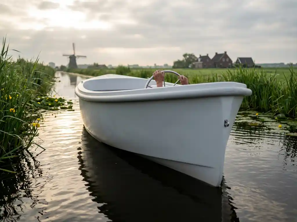 Witte elektrische sloep vaart door kalme Nederlandse wateren met groene riet en waterlelies in polderlandschap