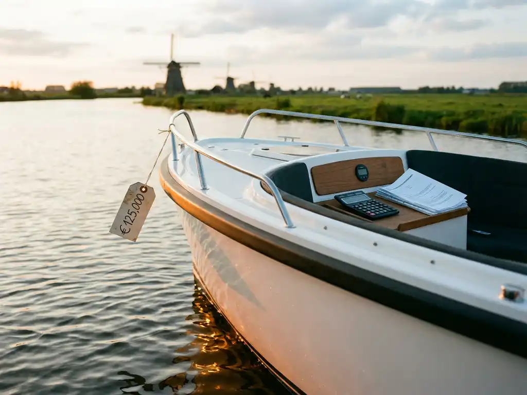 Witte elektrische sloep met prijskaartje vaart door kalme polderwaters bij gouden uurtje met windmolens op achtergrond