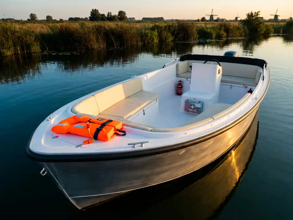 Witte elektrische sloep met oranje reddingsvest en veiligheidsuitrusting vaart door kalm water in Nederlands polderlandschap