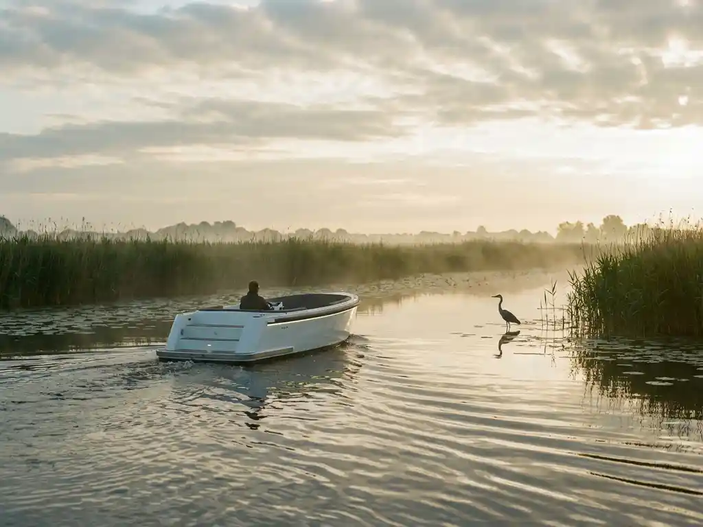 Witte elektrische sloep vaart geruisloos door kalm water met rietland, waterlelies en blauwe reiger in ochtendlicht