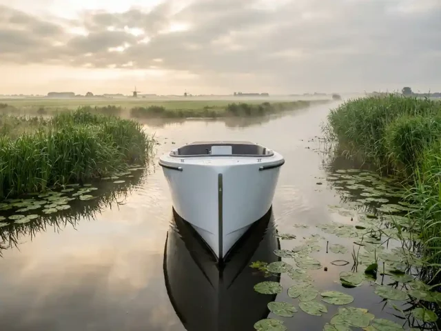 Witte elektrische sloep vaart stil door kalm water tussen riet en waterlelies in mistig Nederlands polderlandschap