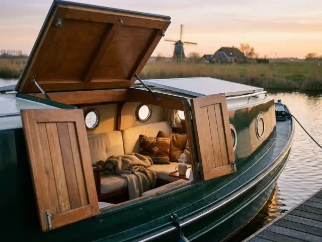 Elektrische sloep met gezellige slaaphut, zachte kussens en dekens, drijvend op kalm water in Nederlandse natuur