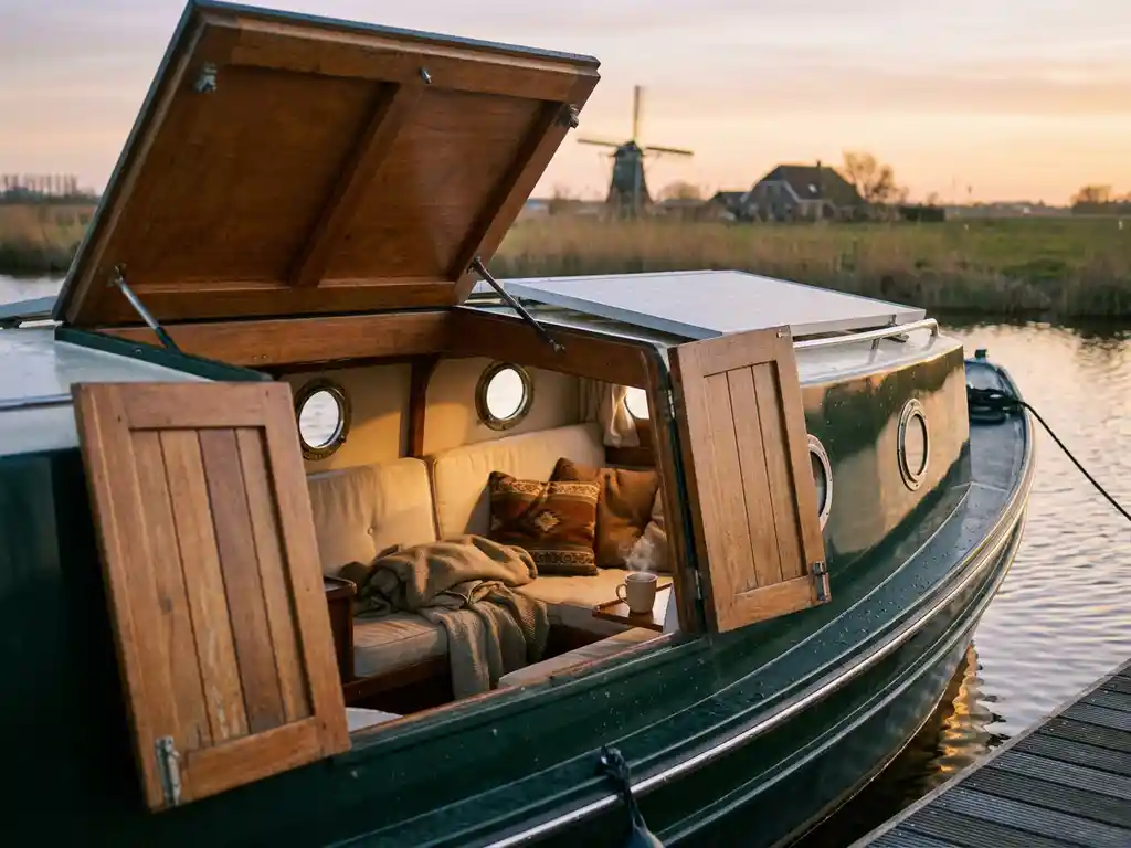 Elektrische sloep met gezellige slaaphut, zachte kussens en dekens, drijvend op kalm water in Nederlandse natuur