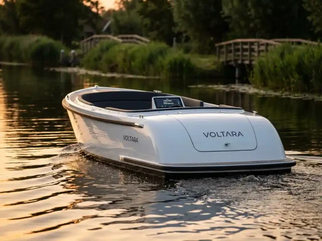 Witte elektrische sloep vaart door donker water in Nederlands natuurgebied tijdens gouden uur