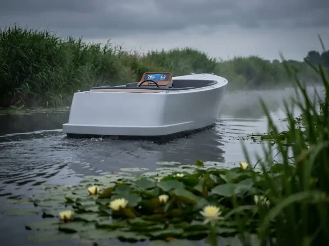 Witte elektrische sloep vaart door donker water met groene riet en waterlelies, batterij-indicator zichtbaar op dashboard