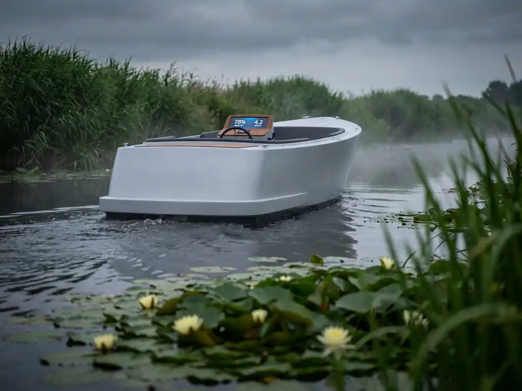 Witte elektrische sloep vaart door donker water met groene riet en waterlelies, batterij-indicator zichtbaar op dashboard
