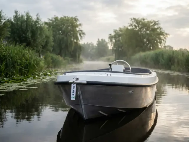 Witte elektrische sloep vaart door Nederlandse waterweg met sleutelhanger van verhuurmaatschappij aan stuur