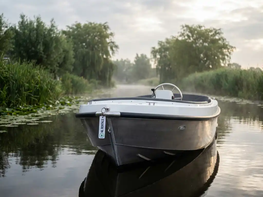 Witte elektrische sloep vaart door Nederlandse waterweg met sleutelhanger van verhuurmaatschappij aan stuur