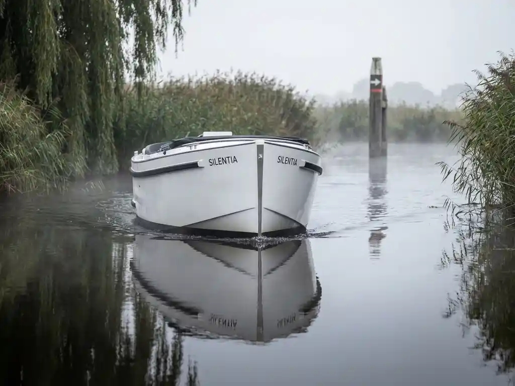 Witte elektrische sloep vaart door smal kanaal met riet en wilgen, spiegeling in water, Nederlandse polderlandschap