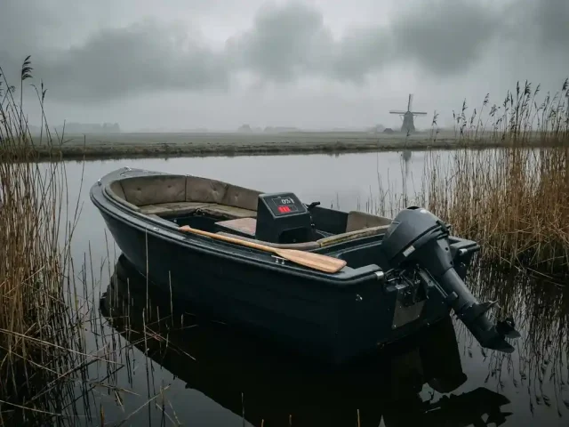 Elektrische zeilboot gestrand op donker water met lege batterij-indicator en noodpeddel, omringd door riet in polderlandschap
