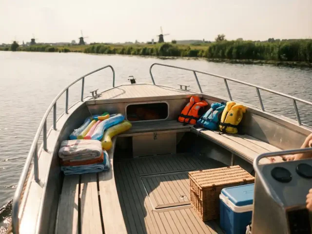 Aluminium zeilboot met gezinsvriendelijke cockpit vaart door kalme Nederlandse wateren met zwemvesten en speelgoed aan boord