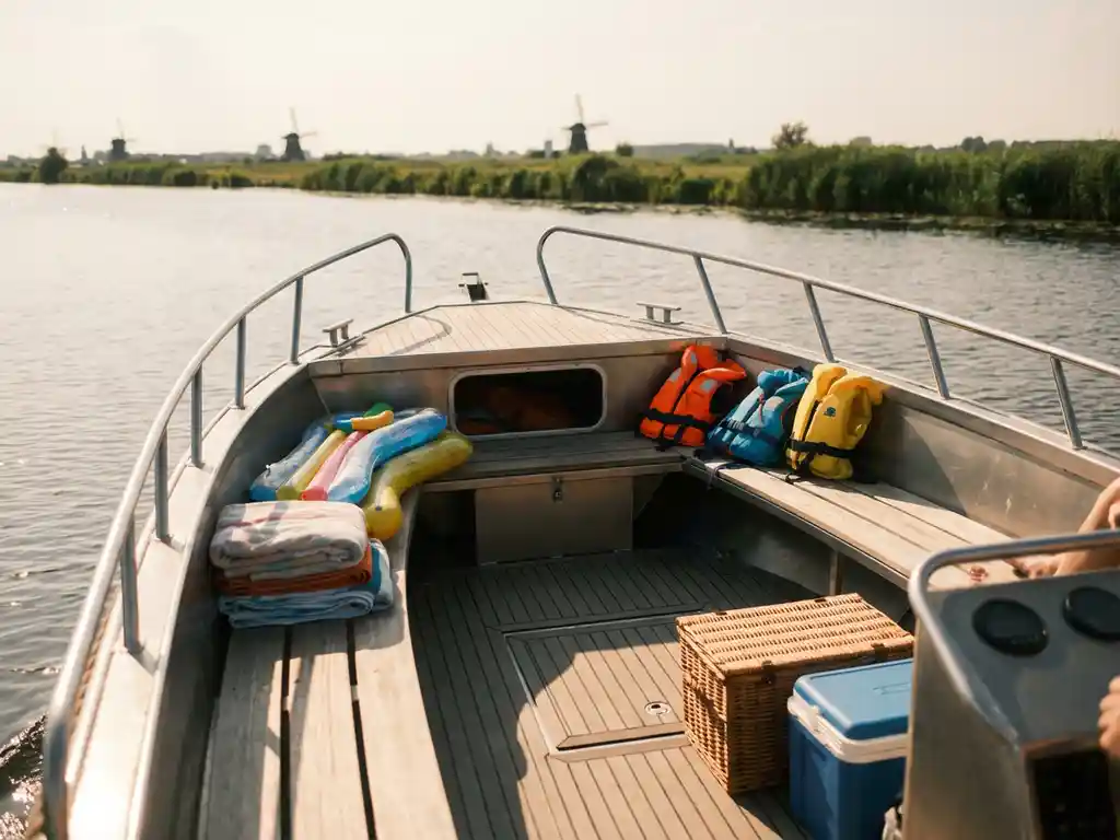 Aluminium zeilboot met gezinsvriendelijke cockpit vaart door kalme Nederlandse wateren met zwemvesten en speelgoed aan boord