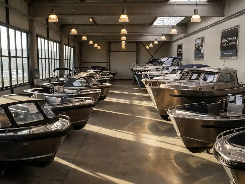 Showroom met gebruikte aluminium sloepen in nette rijen, verschillende maten van tenders tot luxe cruisers