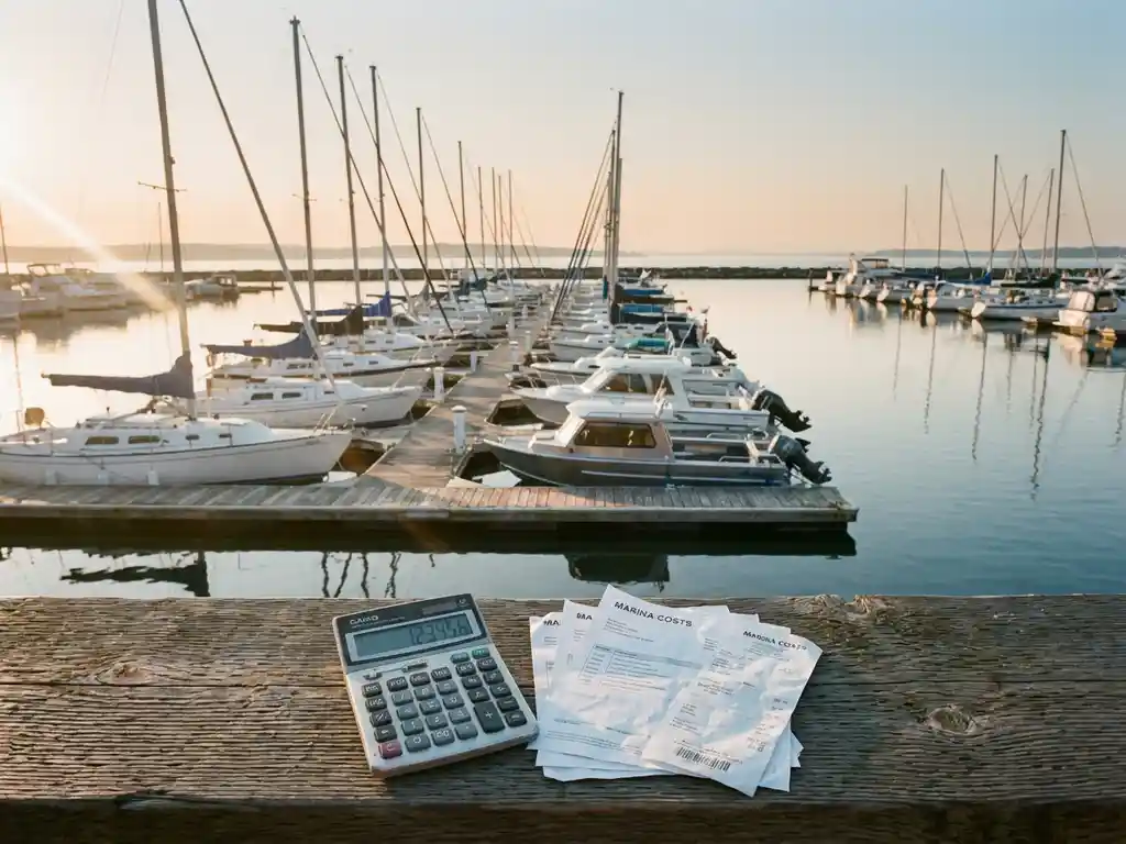 Calculator en facturen op houten steiger bij jachthaven met witte boten, ochtendlicht op kalm water