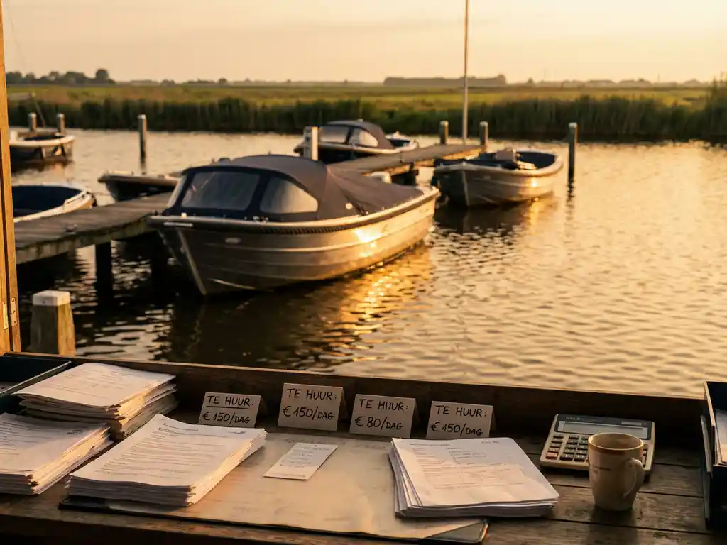 Marina met aluminium sloepen aan houten steigers tijdens gouden uur, verhuurpapieren op havenmeesters bureau op voorgrond
