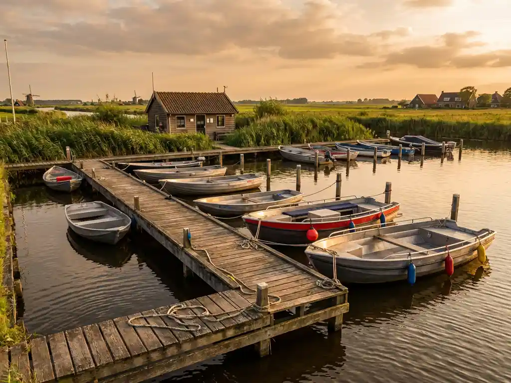 Houten steiger met afgemeerde sloepen in Nederlandse polderlandschap tijdens gouden uurtje