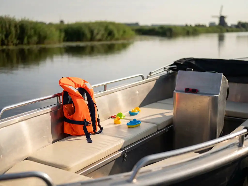 Oranje kinderreddingsvest hangt aan reling van boot met waterspeelgoed en zonnebril, Nederlandse polder op achtergrond
