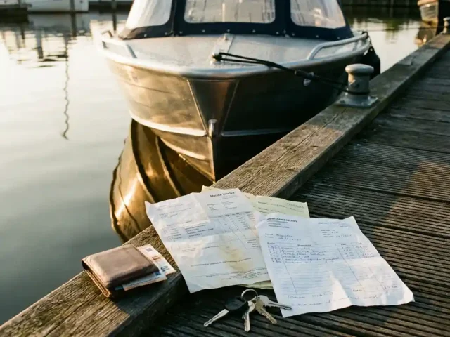 Aluminium sloep aangemeerd bij steiger met facturen, portemonnee met euro's en bootsleutels op houten pier in ochtendlicht