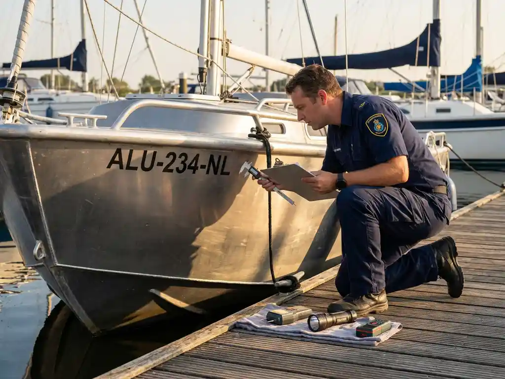 Mariene inspecteur in uniform onderzoekt aluminium sloep bij jachthaven met klembord en meetinstrumenten