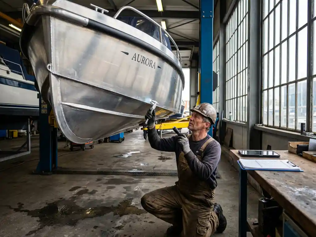 Maritiem inspecteur onderzoekt aluminium sloep op bootlift in marina servicehall met professionele gereedschappen