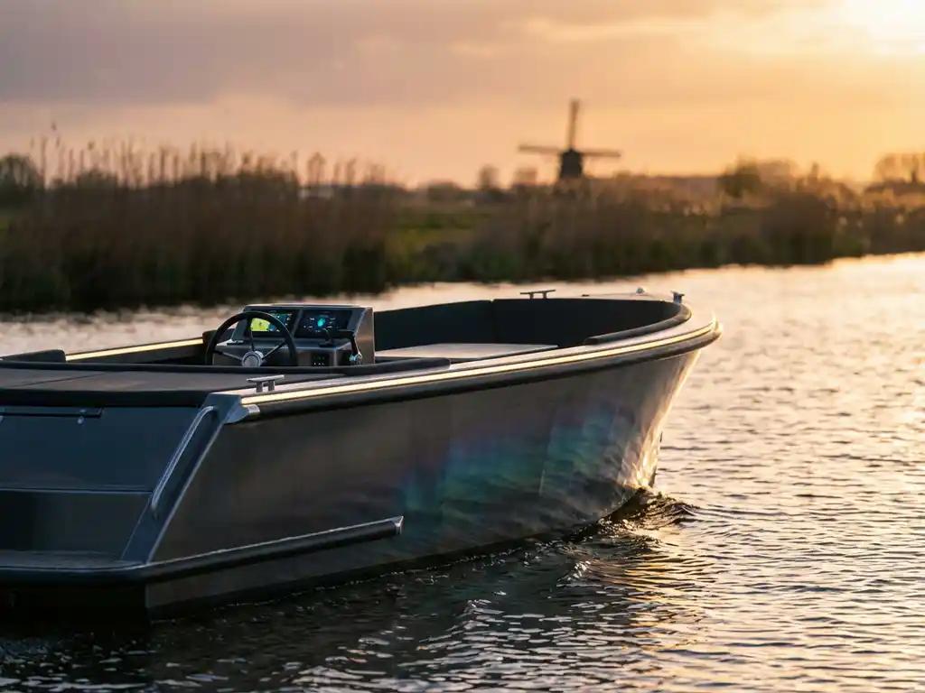 Moderne aluminium sloep vaart door kalme polderwaters met LED-verlichting en minimalistisch dashboard bij zonsondergang