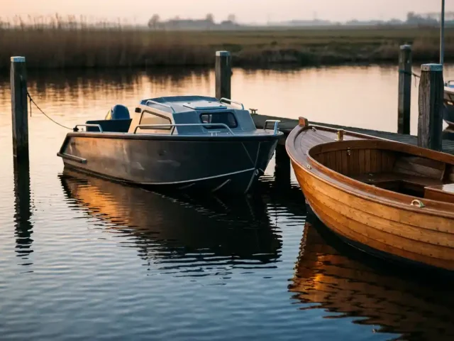 Moderne aluminium tender naast klassieke houten sloep in Nederlandse jachthaven bij gouden uurtje