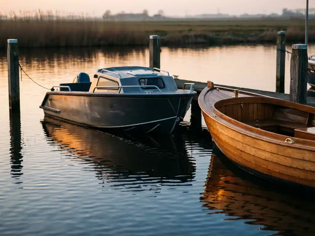 Moderne aluminium tender naast klassieke houten sloep in Nederlandse jachthaven bij gouden uurtje