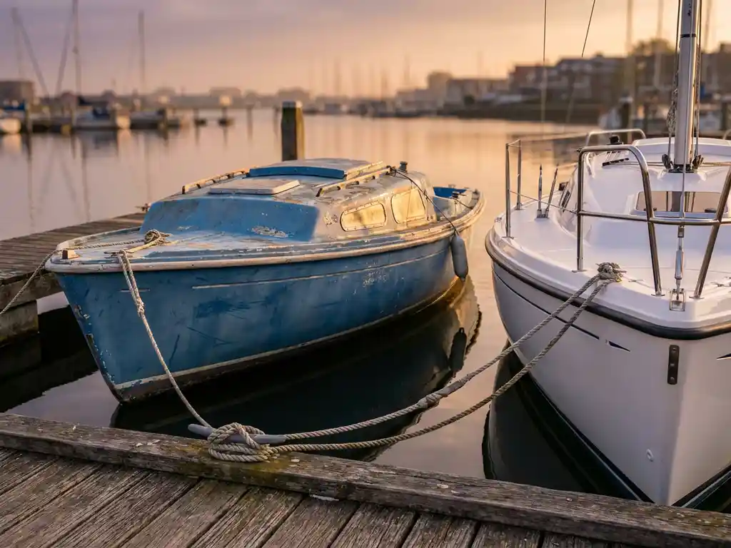 Twee polyester sloepen op houten steiger in haven, één verouderd en één nieuw, met ochtendlicht op kalm water