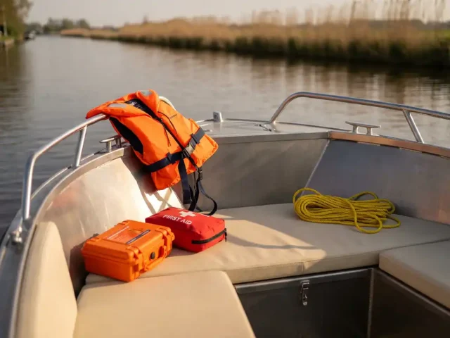 Oranje reddingsvest op reling van aluminium sloep met nooduitrusting en EHBO-tas op Nederlandse waterweg