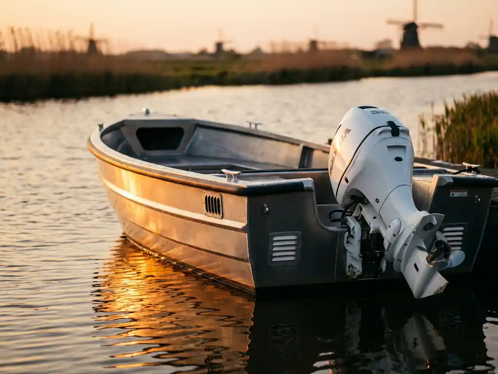 Aluminium sloep met buitenboordmotor en inboard systeem op kalme Nederlandse wateren tijdens gouden uur