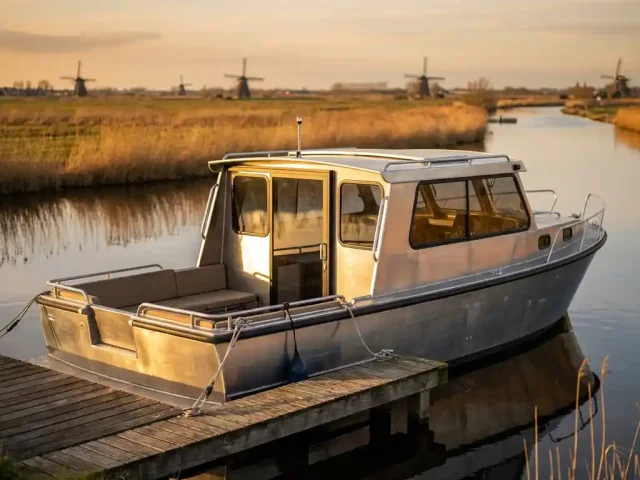 Aluminium cabin cruiser sloep aangemeerd aan houten steiger met overdekt stuurhuis en open achterdek in Nederlands polderlandschap