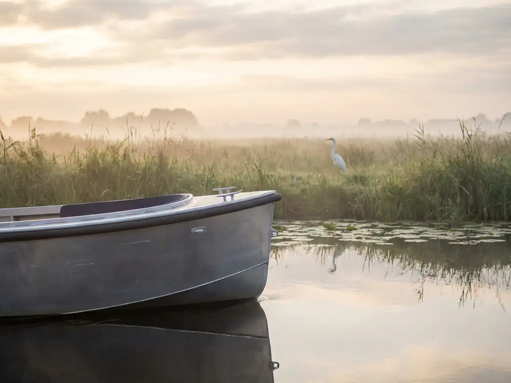 Aluminium sloep vaart geluidloos door Nederlandse waterweg met riet, waterlelies en reiger in ochtendmist
