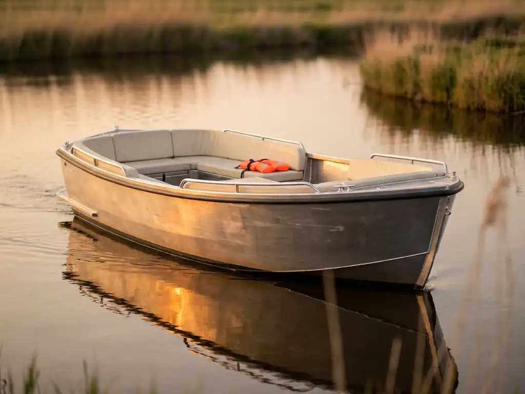 Elegante aluminium sloep voor vier personen vaart door kalme Nederlandse polderwaters tijdens gouden uurtje