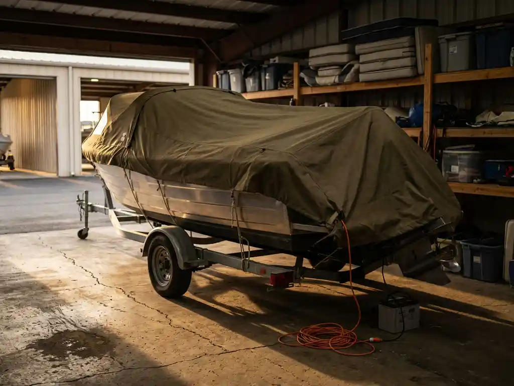 Aluminium sloep met winterhoes op trailer in overdekte jachthaven, batterijlader aangesloten, herfstlicht door open deuren