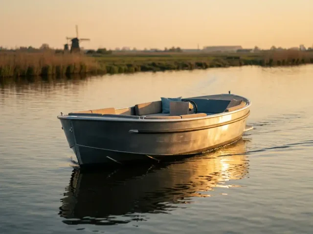 Elegante aluminium sloep op kalme Nederlandse waterweg tijdens gouden uur, met rietlanden op achtergrond