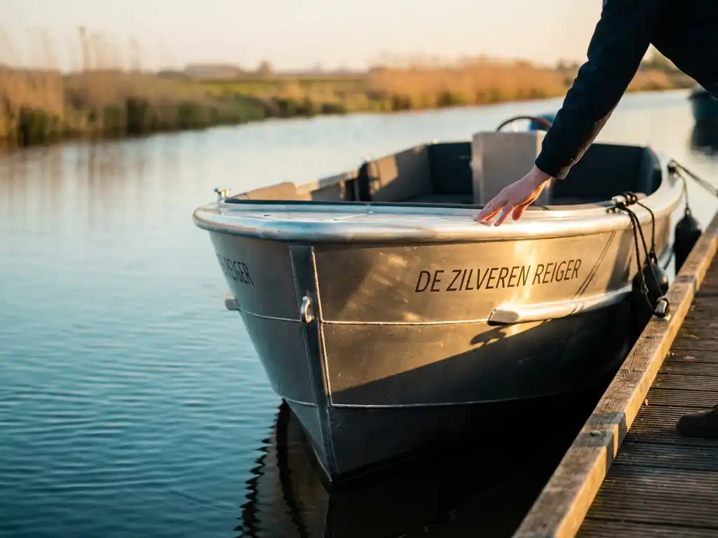 Aluminium sloep boot op houten steiger aan Nederlandse waterweg, koper onderzoekt vakmanschap bij gouden uurtje