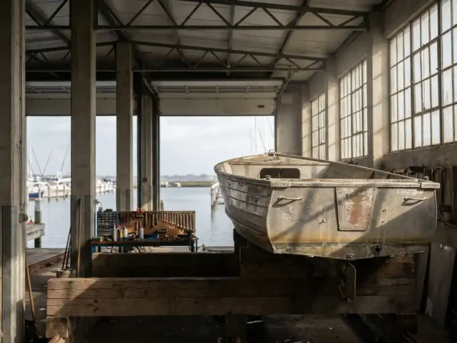 Verweerde aluminium sloep op houten bootlift in overdekte jachthaven met betonnen pilaren en natuurlijk licht