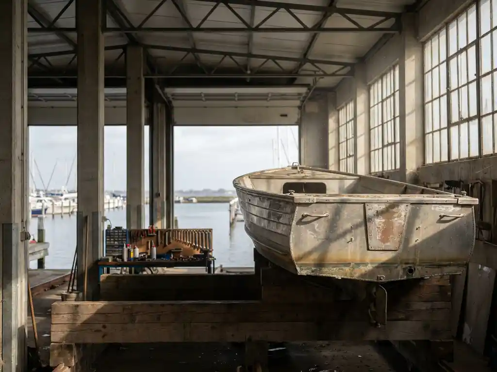 Verweerde aluminium sloep op houten bootlift in overdekte jachthaven met betonnen pilaren en natuurlijk licht