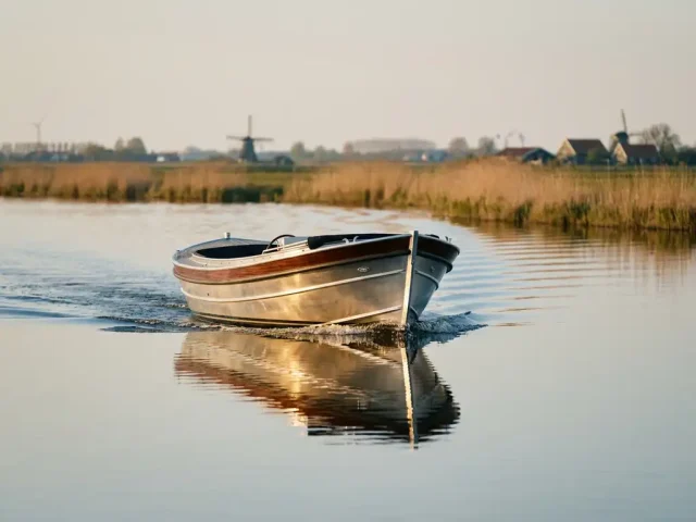 Elegante aluminium sloep vaart door kalme polderwaters bij gouden zonsondergang, Nederlandse waterweg landschap